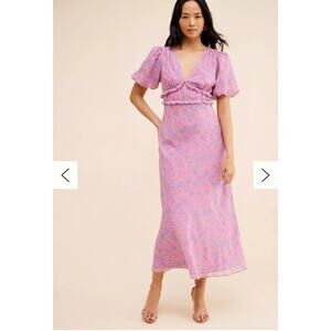 ASTR The Label Esperanza Dress Womens M Purple Floral Tie Midi Romantic Ruffle